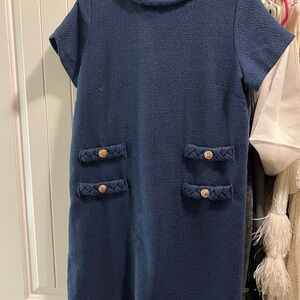 Chic Navy Short Sleeve Dress with Button Accents